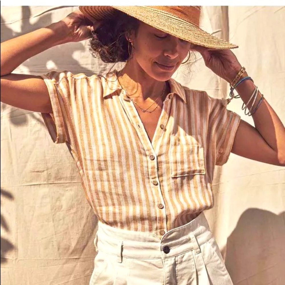 Faherty Avery Linen Beach Stripe Top - Honey Stripe (XS)